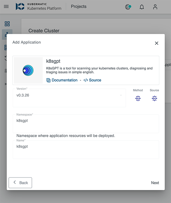 Screenshot der Kubermatic Kubernetes-Plattform AI-Anwendung