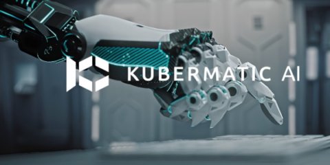 Eine Roboterhand, die nach einer Tastatur greift, überlagert mit dem Kubermatic-AI-Logo
