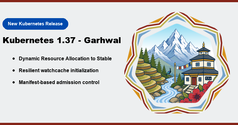 Die Kubernetes v1.37 „Garhwal“-Release-Karte listet neben dem „Garhwal“-Release-Logo die dynamische Ressourcenzuweisung im stabilen Modus, die ausfallsichere Initialisierung des Watchcaches und die manifestbasierte Zulassungskontrolle auf.