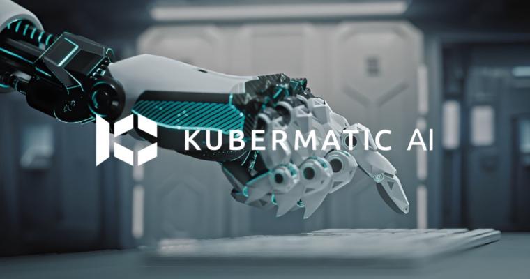 Eine Roboterhand, die nach einer Tastatur greift, überlagert mit dem Kubermatic-AI-Logo
