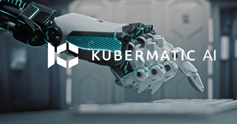 Eine Roboterhand, die nach einer Tastatur greift, überlagert mit dem Kubermatic-AI-Logo