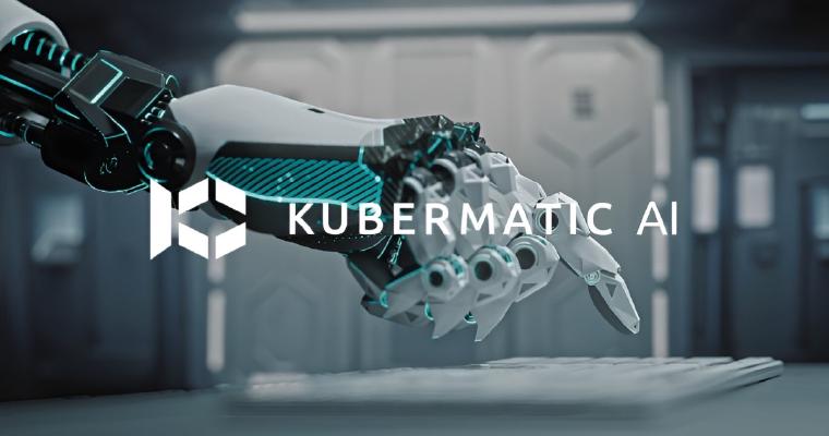 Eine Roboterhand, die nach einer Tastatur greift, überlagert mit dem Kubermatic-AI-Logo