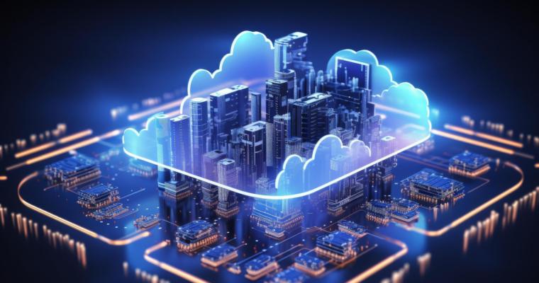 Eine Stadt, die auf einem Mikrochip gebaut ist und von einer Wolke umgeben ist