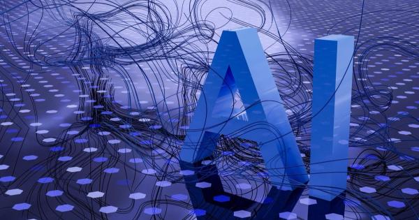 3D-Rendering der Buchstaben „AI“ in Blau, die auf einem Boden mit Sechseckmuster stehen, der von dunklen Kabeln durchzogen ist