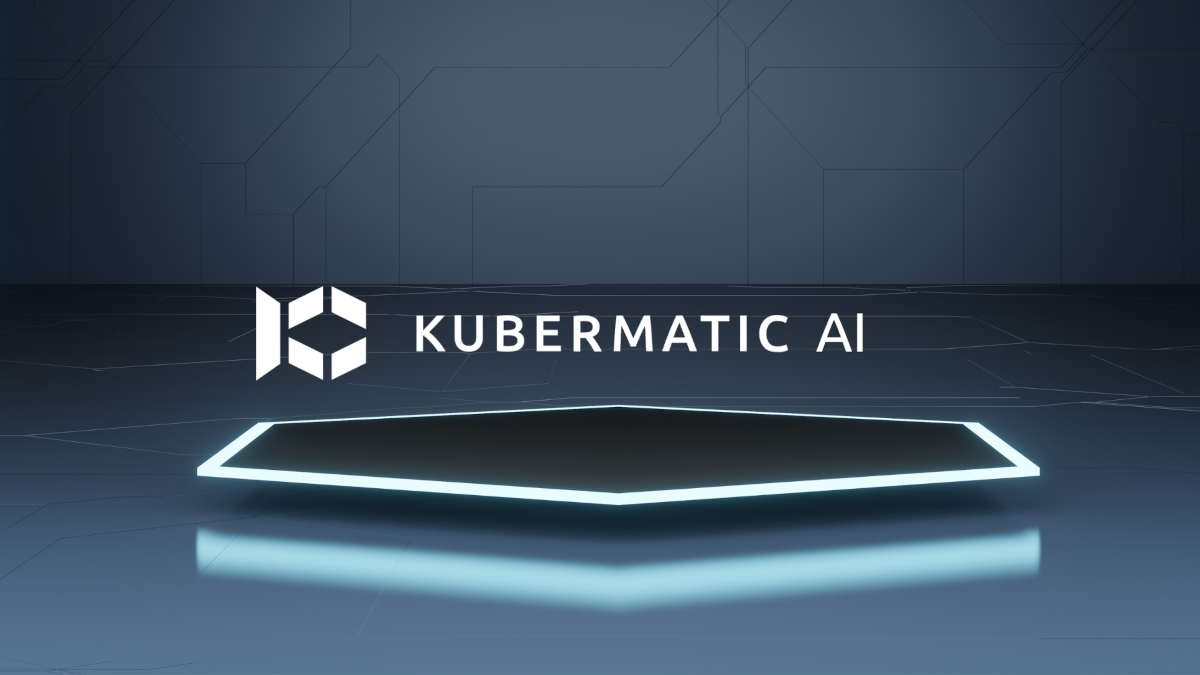 Das Kubermatic-AI-Logo über einer leuchtenden sechseckigen Plattform, vor einem dunkelblauen Hintergrund im Tech-Stil